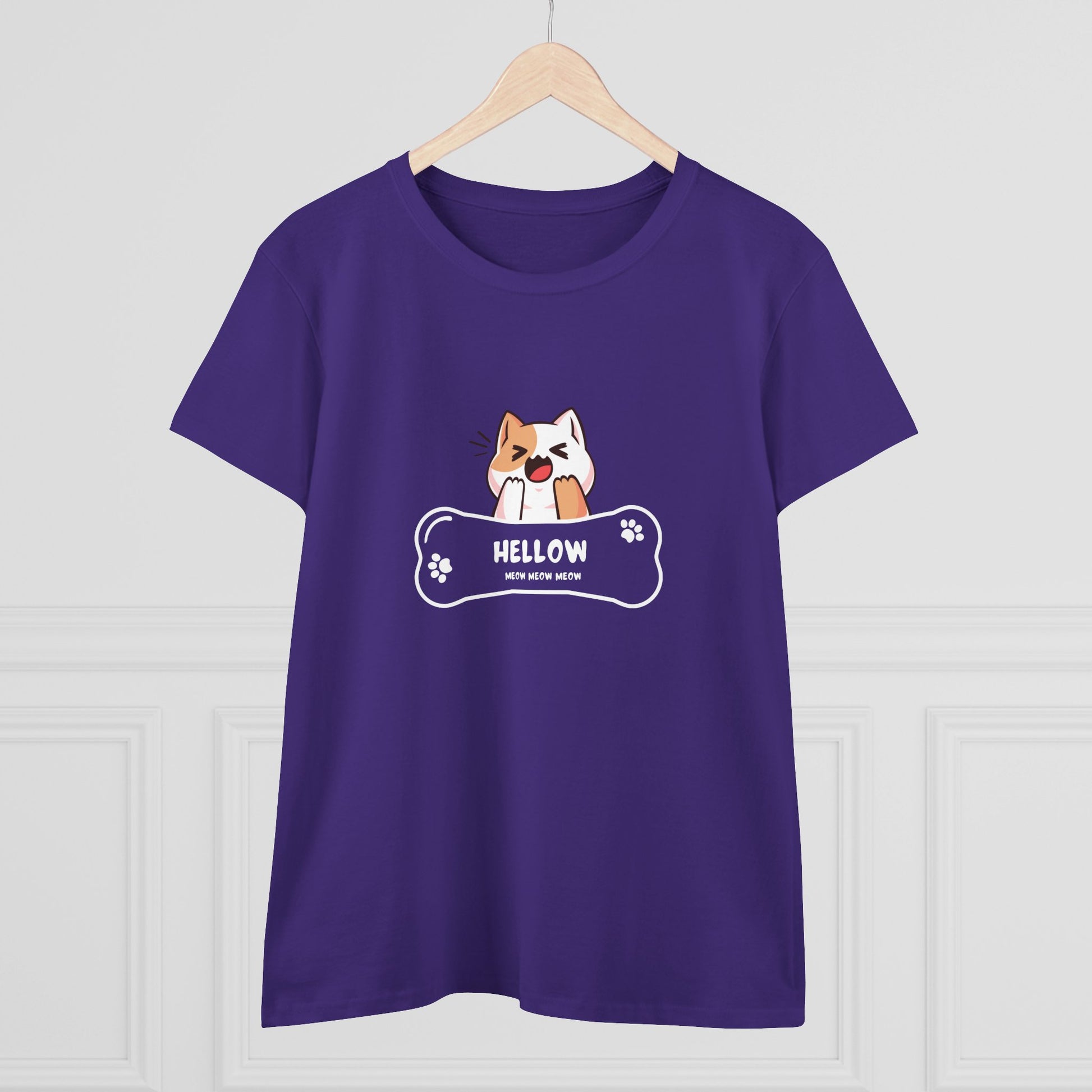 Purple T-shirt with cute cat graphic tee featuring a playful cat and bone design