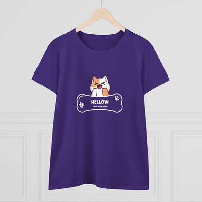 Purple T-shirt with cute cat graphic tee featuring a playful cat and bone design