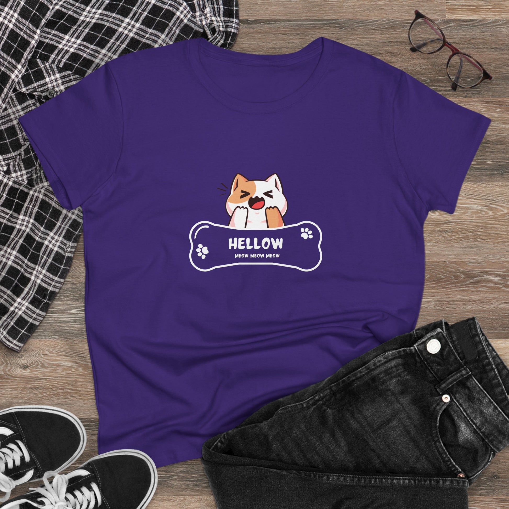 Purple Printify T-Shirt featuring a cute cat graphic tee with a happy cat and bone design