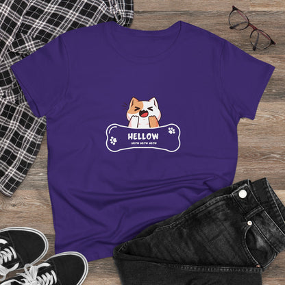 Purple Printify T-Shirt featuring a cute cat graphic tee with a happy cat and bone design