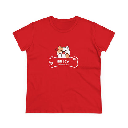 Red T-shirt with cute cat graphic tee featuring a playful cat and bone design from Printify