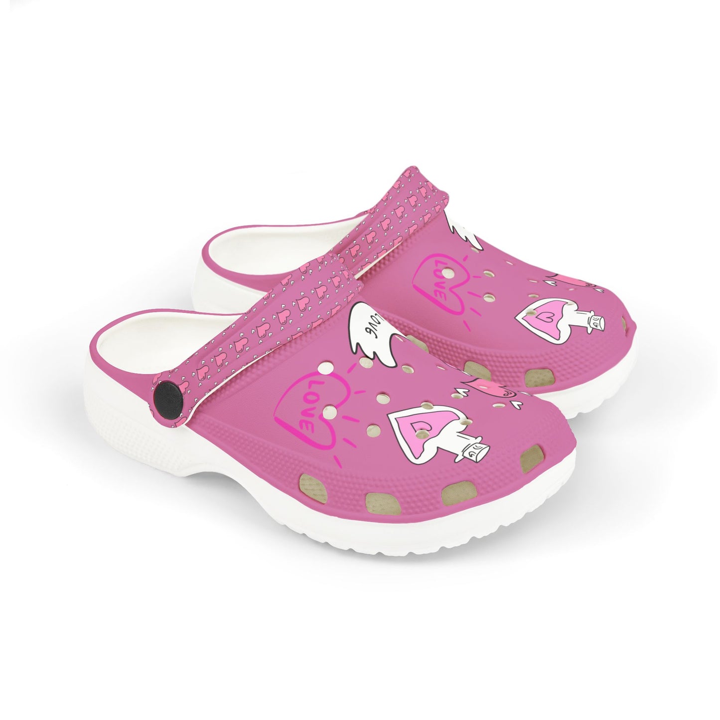 Pink Printify cute clogs for girls with heart and wing designs and white soles