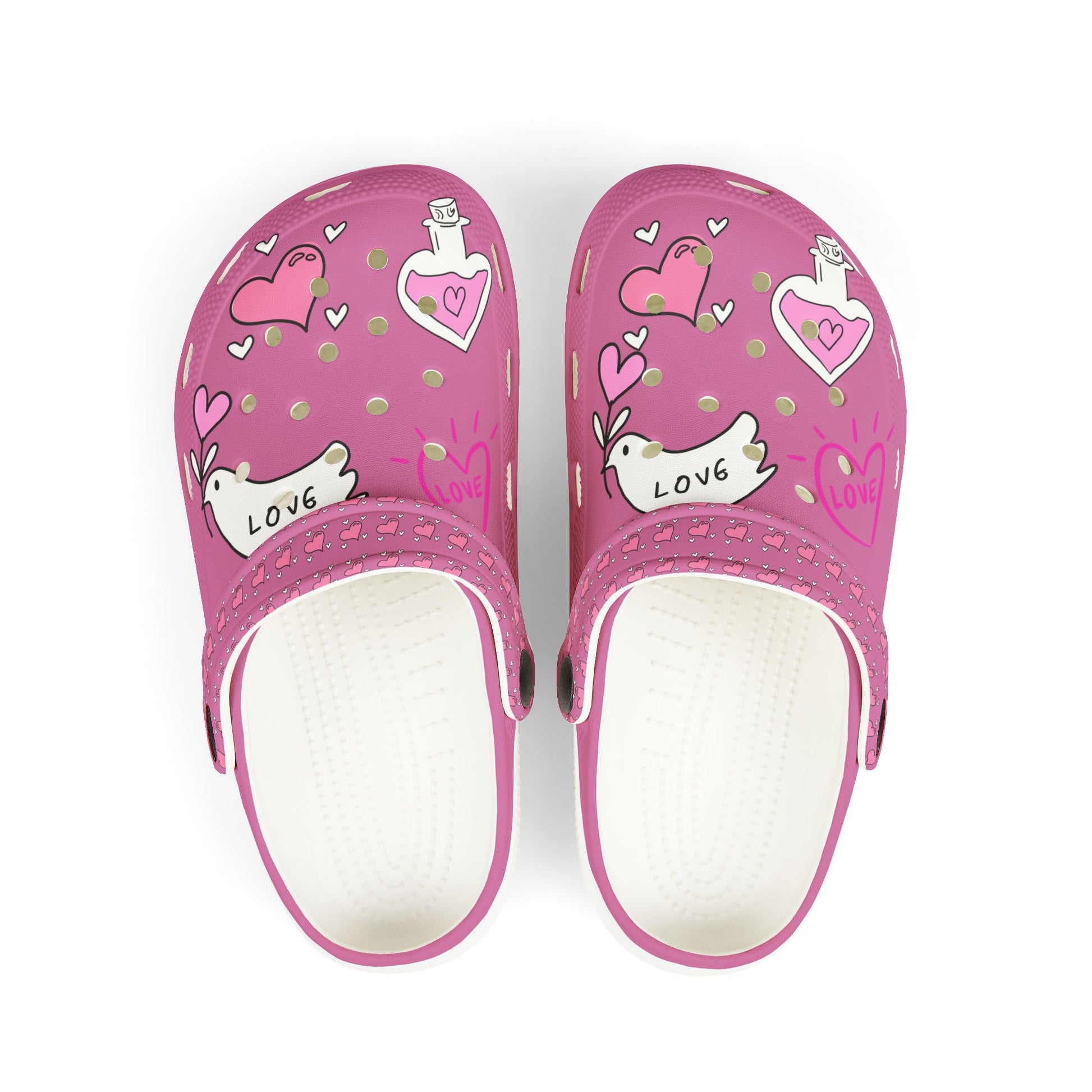 Pink cute clogs for girls by Printify with love heart and potion designs