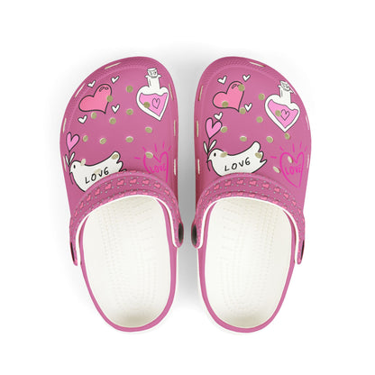 Pink cute clogs for girls by Printify with love heart and potion designs