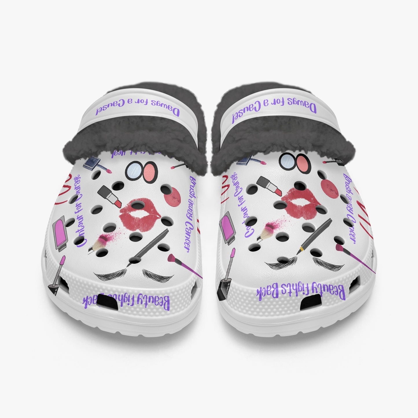 Cute clogs for women with makeup design and black faux fur lining  