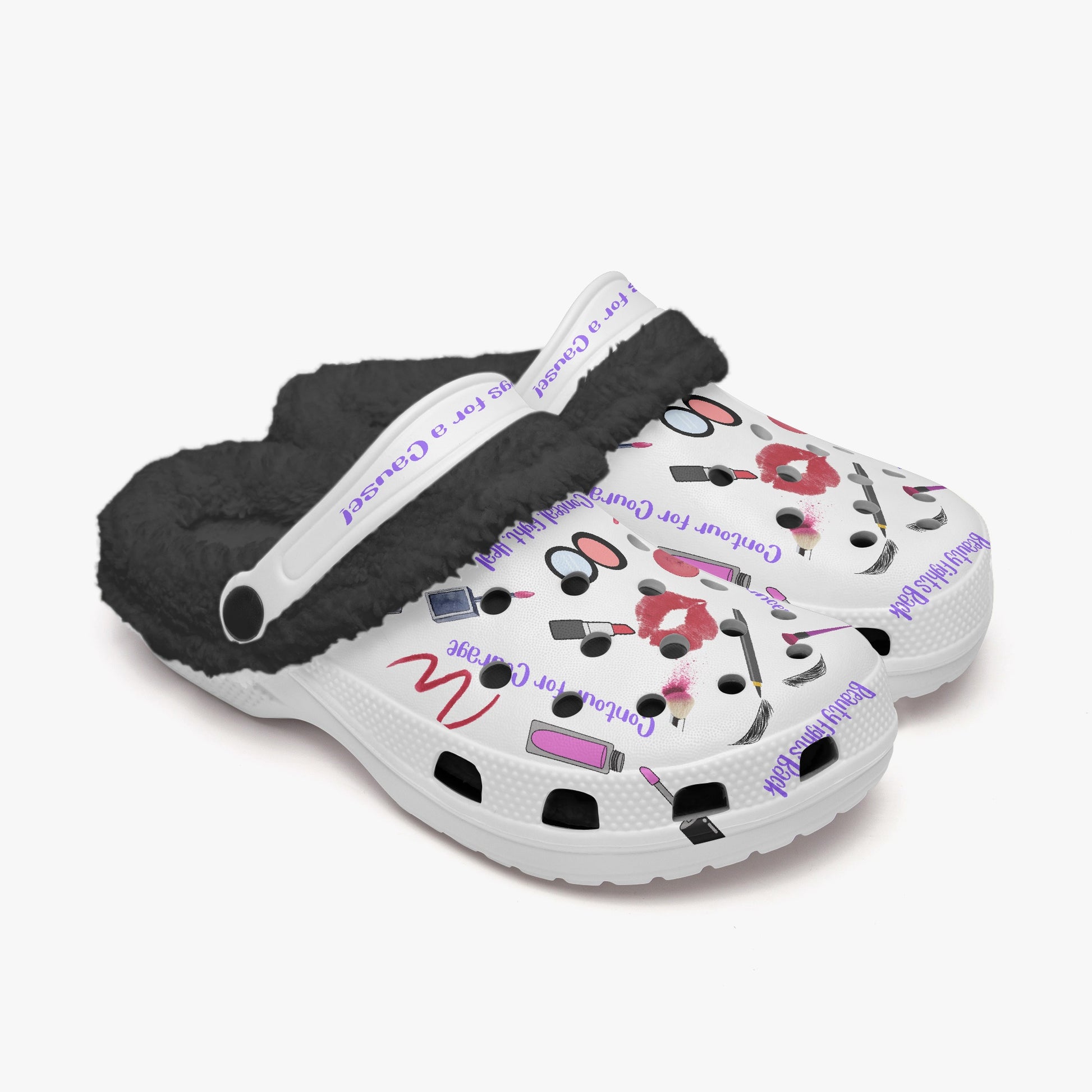 Cute clogs for women with black fuzzy lining and makeup print slides  