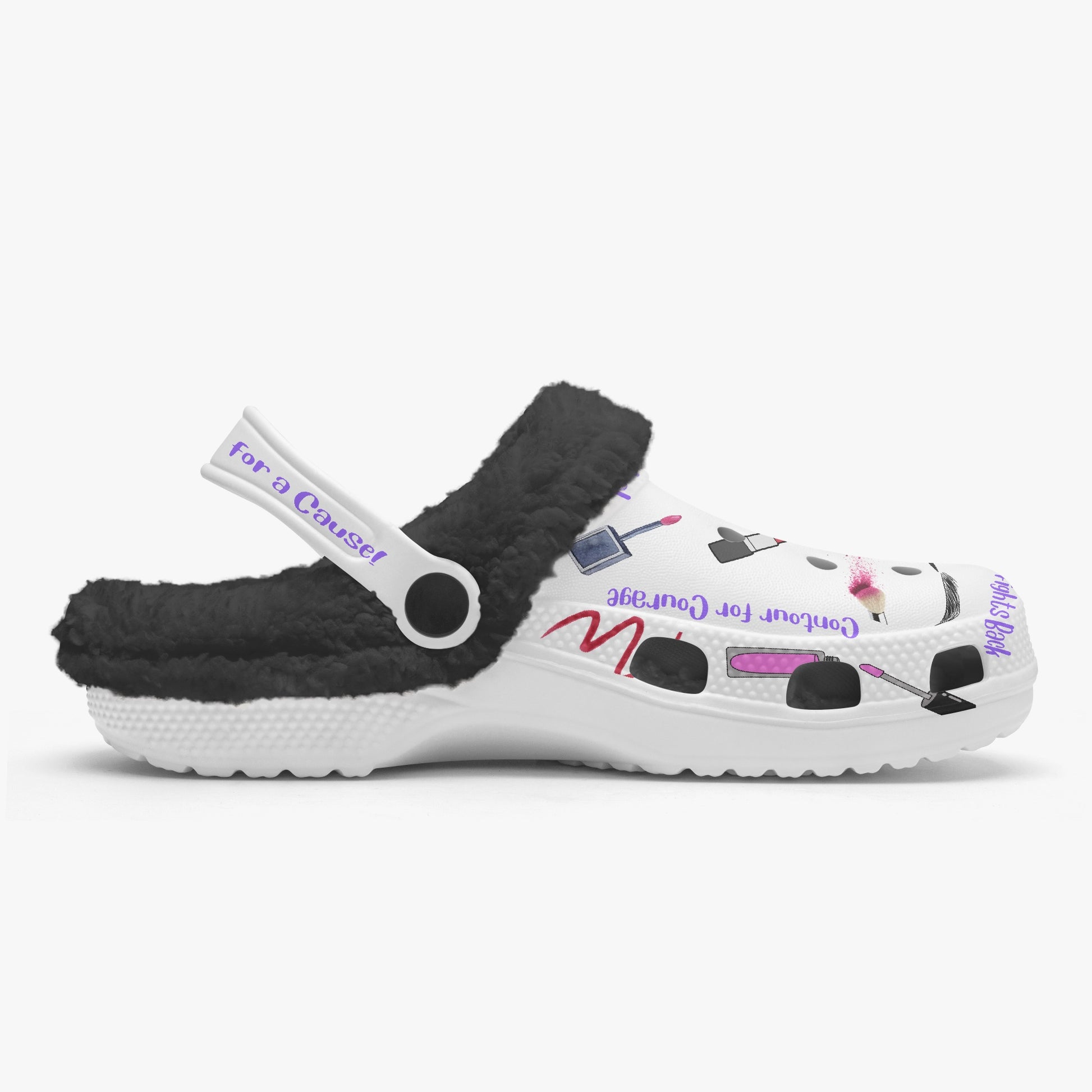 Cute clogs for women with white exterior and black fuzzy interior lining  