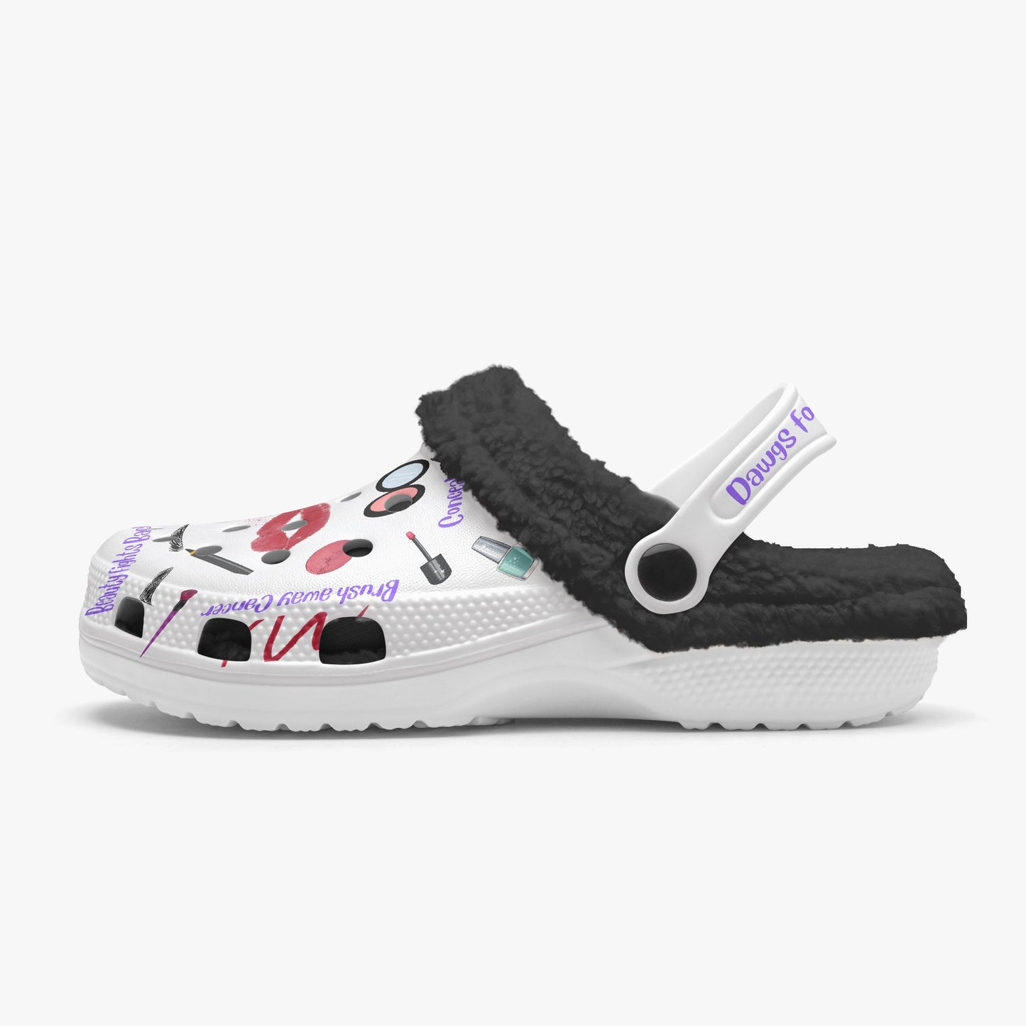 White slides with black fuzzy lining and colorful graphic prints cute clogs for women 