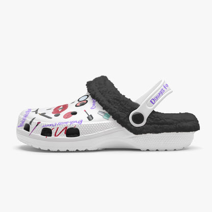 White slides with black fuzzy lining and colorful graphic prints cute clogs for women 