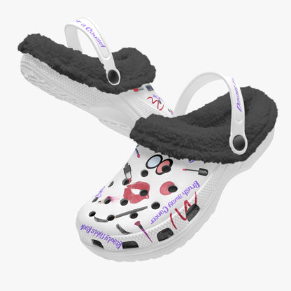 Cute clogs for women with white base and black fuzzy lining 