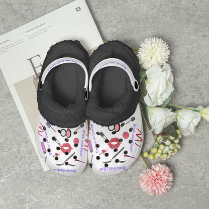 Cute clogs for women with black fur lining and makeup print on white slides  