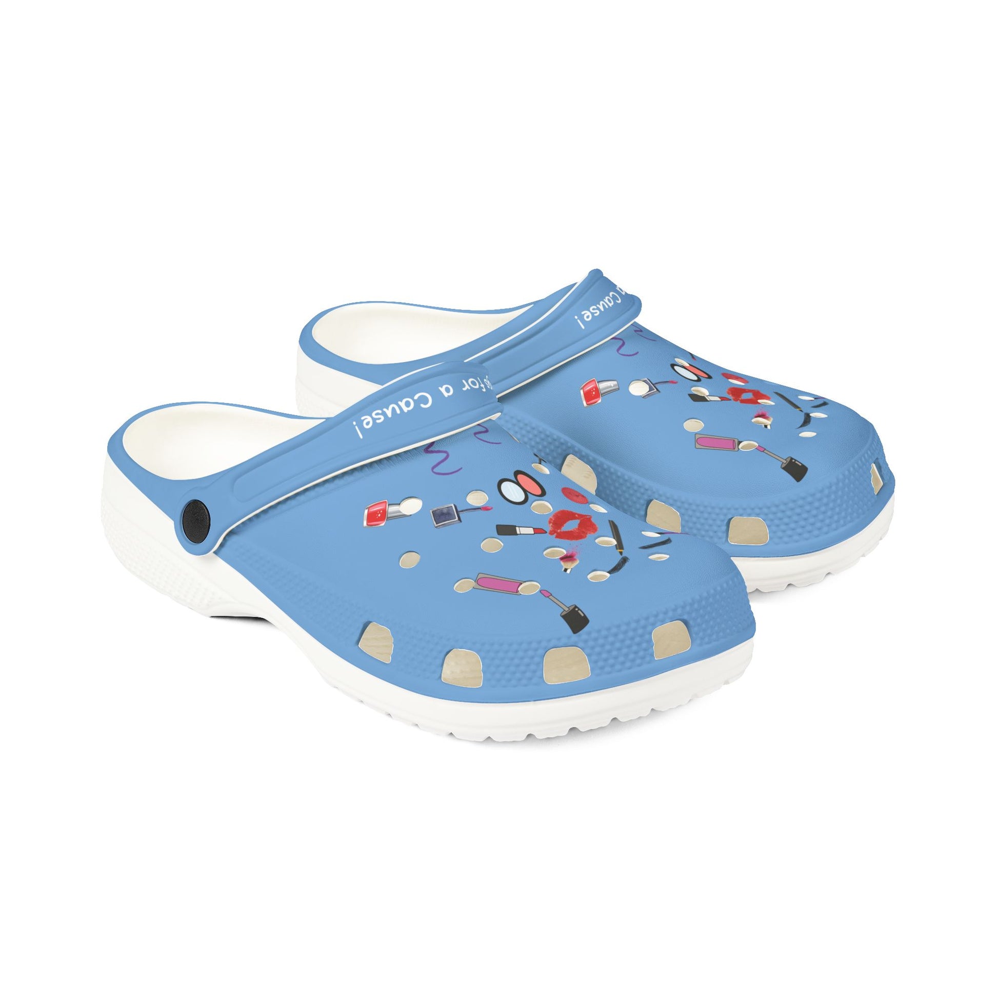 Printify blue cute clogs for women with makeup print and white soles