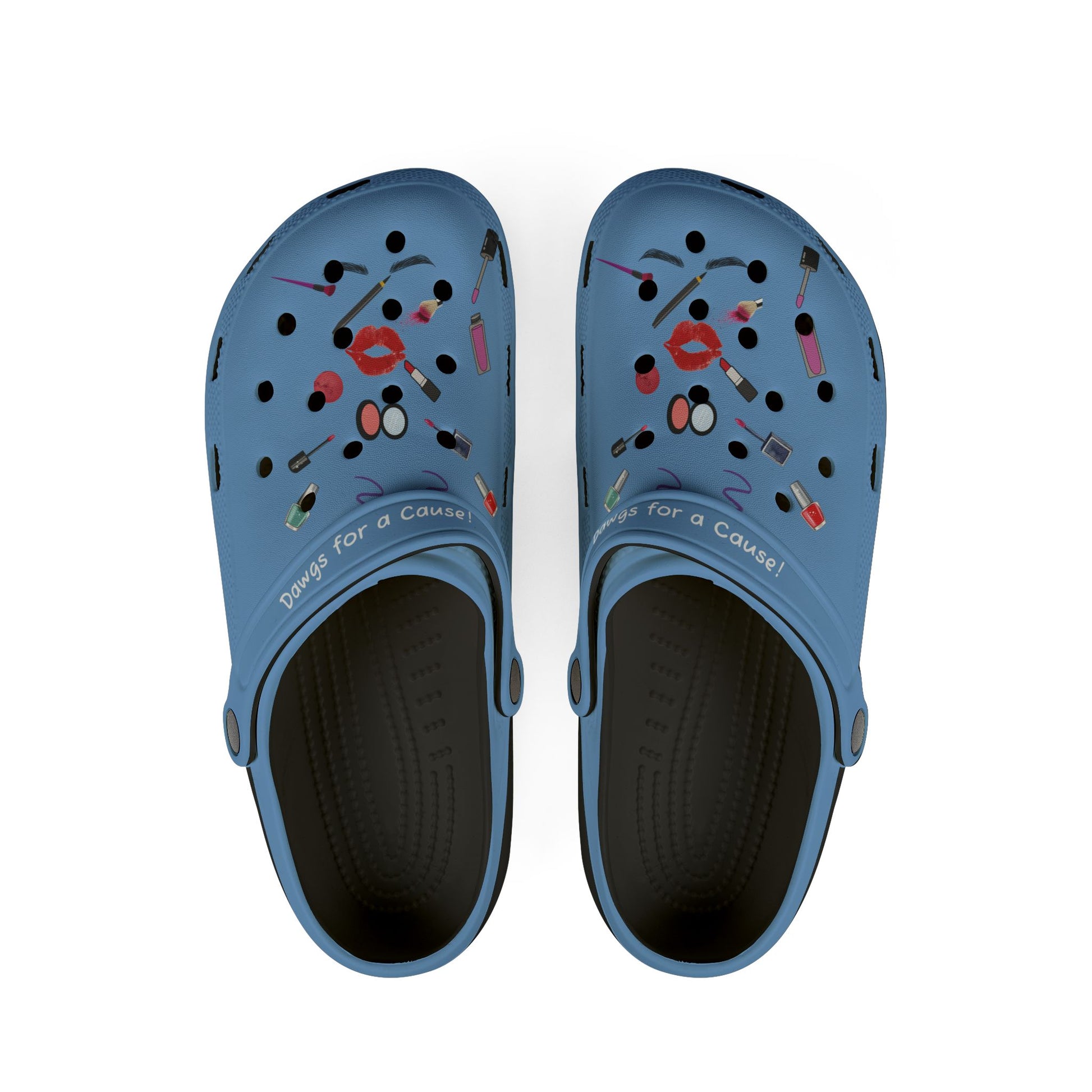Printify cute clogs for women in blue with makeup and lipstick designs