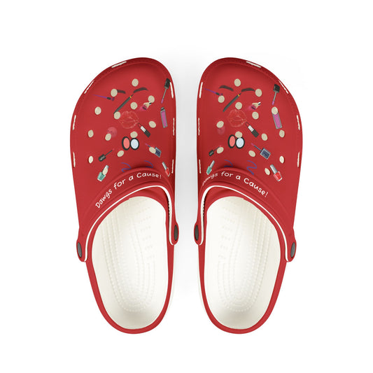 red cute clogs for women with nail polish and makeup design and white cushioned insoles