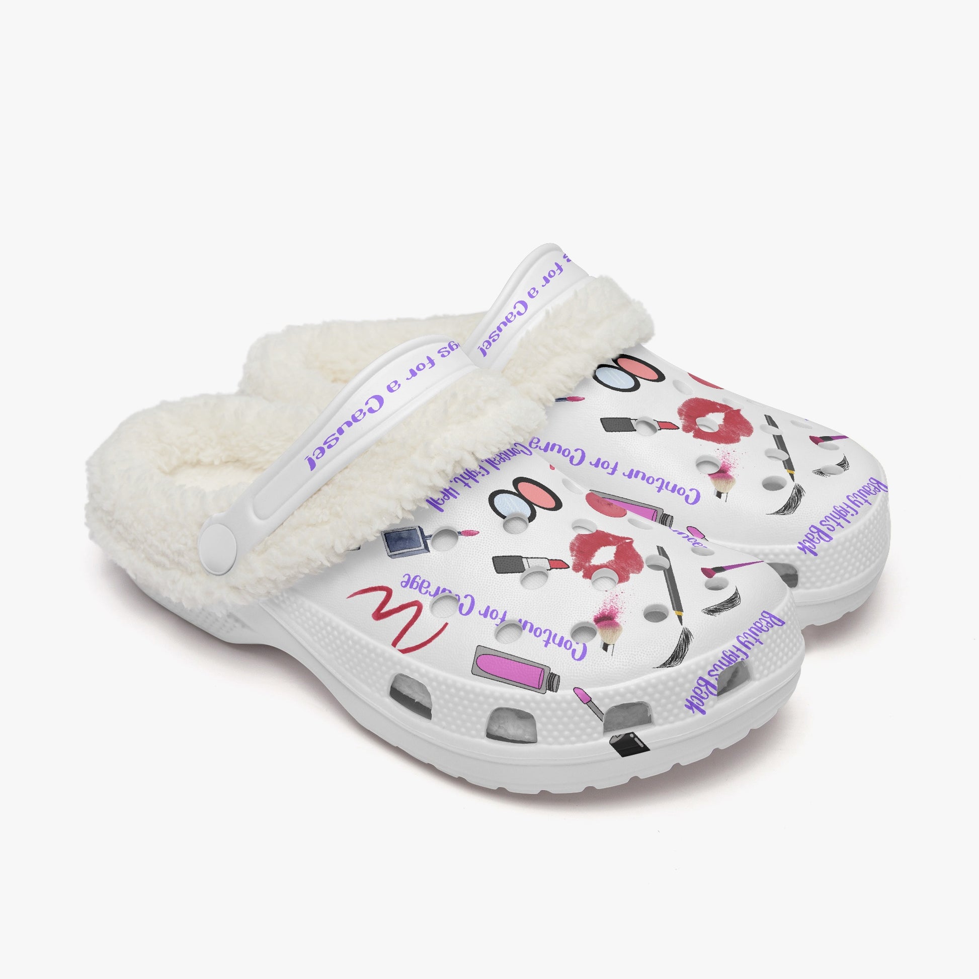 Cute clogs for women with white fluffy lining and colorful makeup print slides 