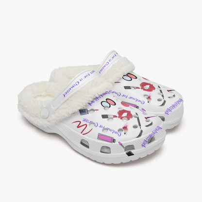 Cute clogs for women with white fluffy lining and colorful makeup print slides 
