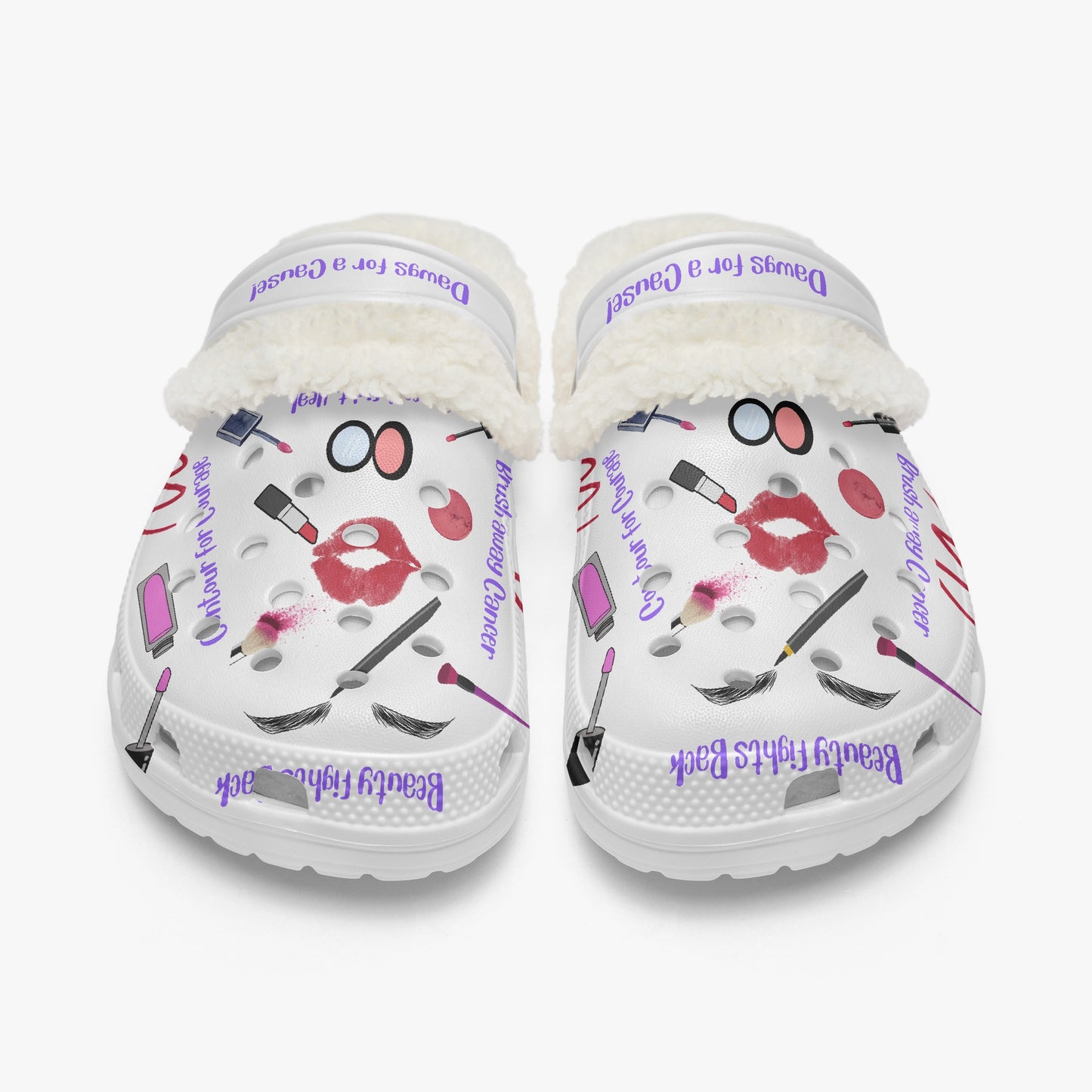 Cute clogs for women with beauty makeup prints and soft white fur lining  