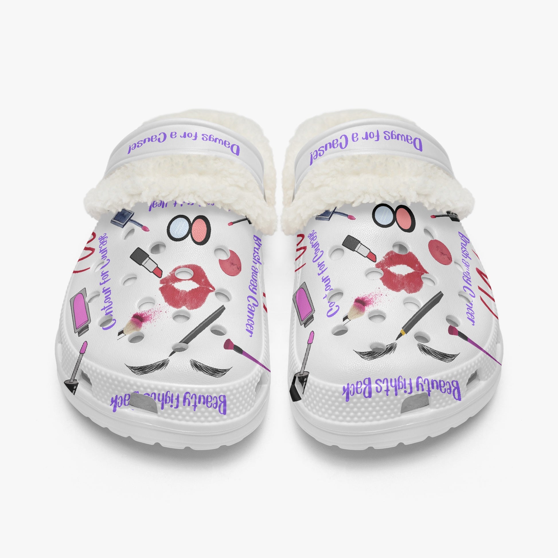 Cute clogs for women with beauty makeup prints and soft white fur lining  