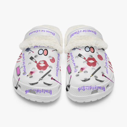 Cute clogs for women with beauty makeup prints and soft white fur lining  