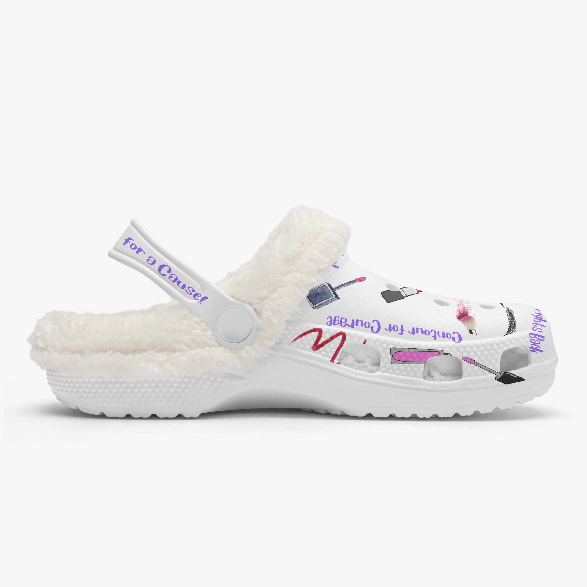 White fleece-lined cute clogs for women with colorful text and graphics  