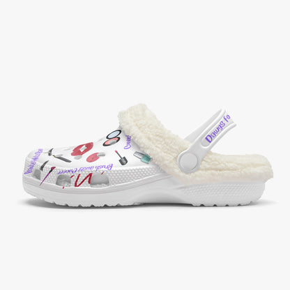 White slides with fluffy lining featuring colorful prints cute clogs for women