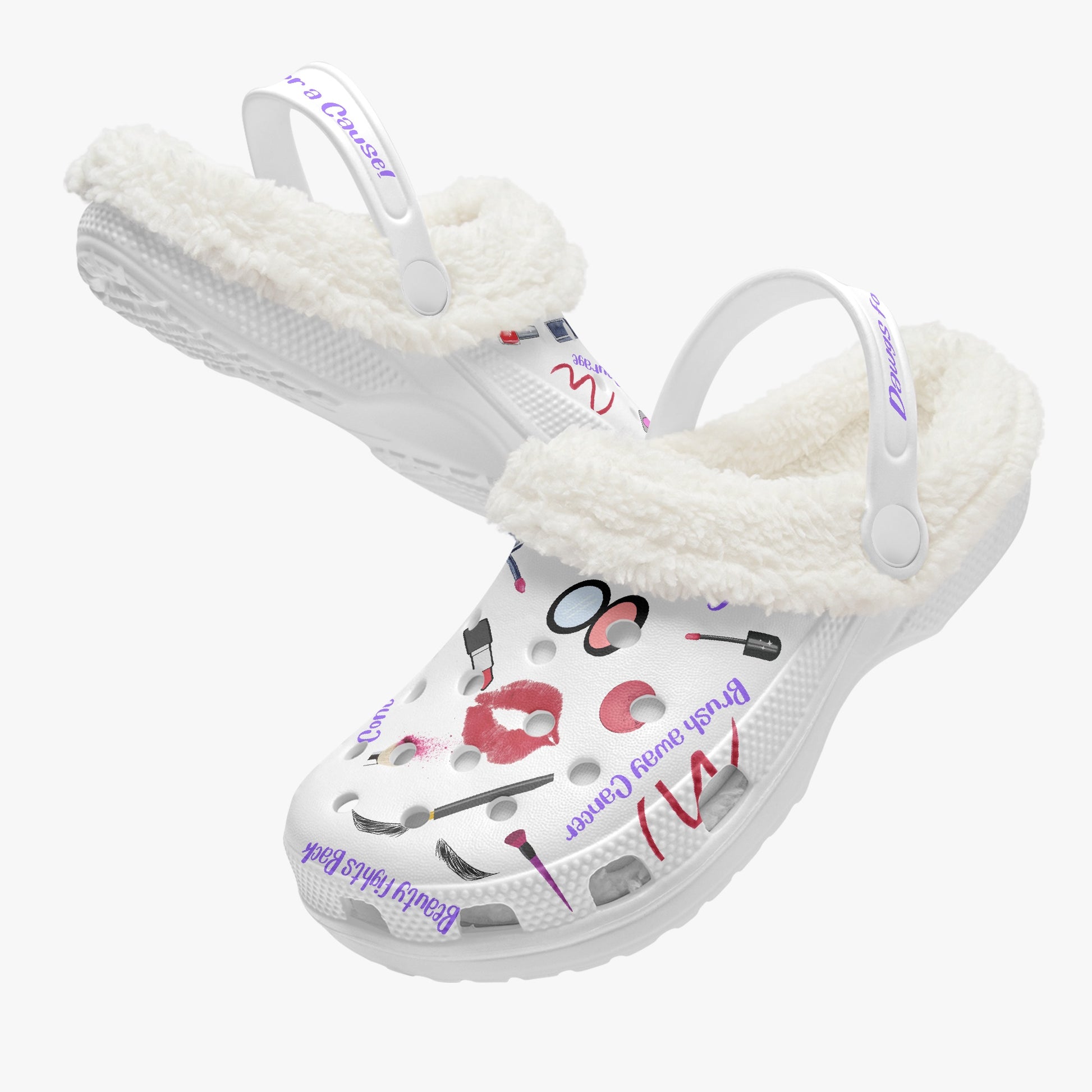 Cute clogs for women with white fluffy lining and colorful cosmetic print on white slides  