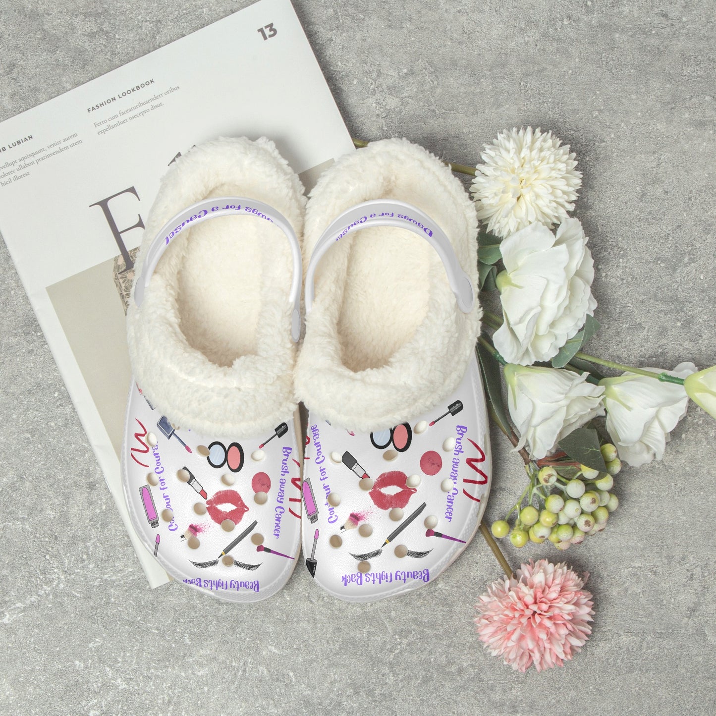 Cute clogs for women with fluffy white lining and colorful makeup print slides  