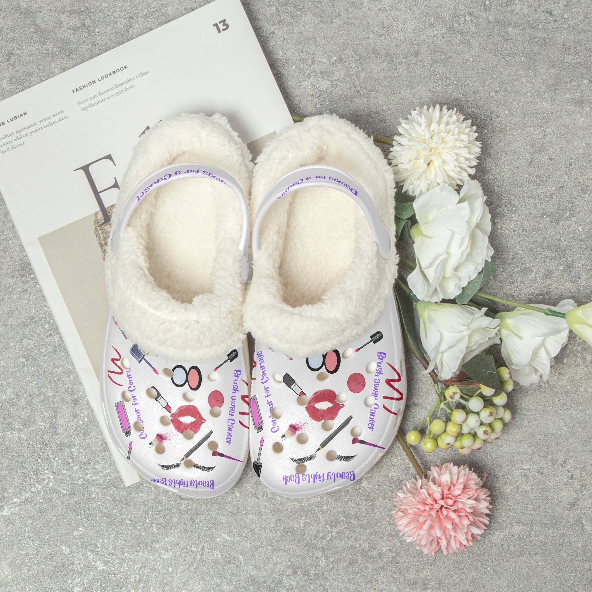 Cute clogs for women with fluffy white lining and colorful makeup print slides  