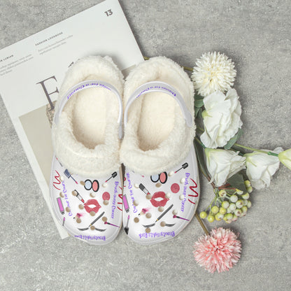 Cute clogs for women with fluffy white lining and colorful makeup print slides  