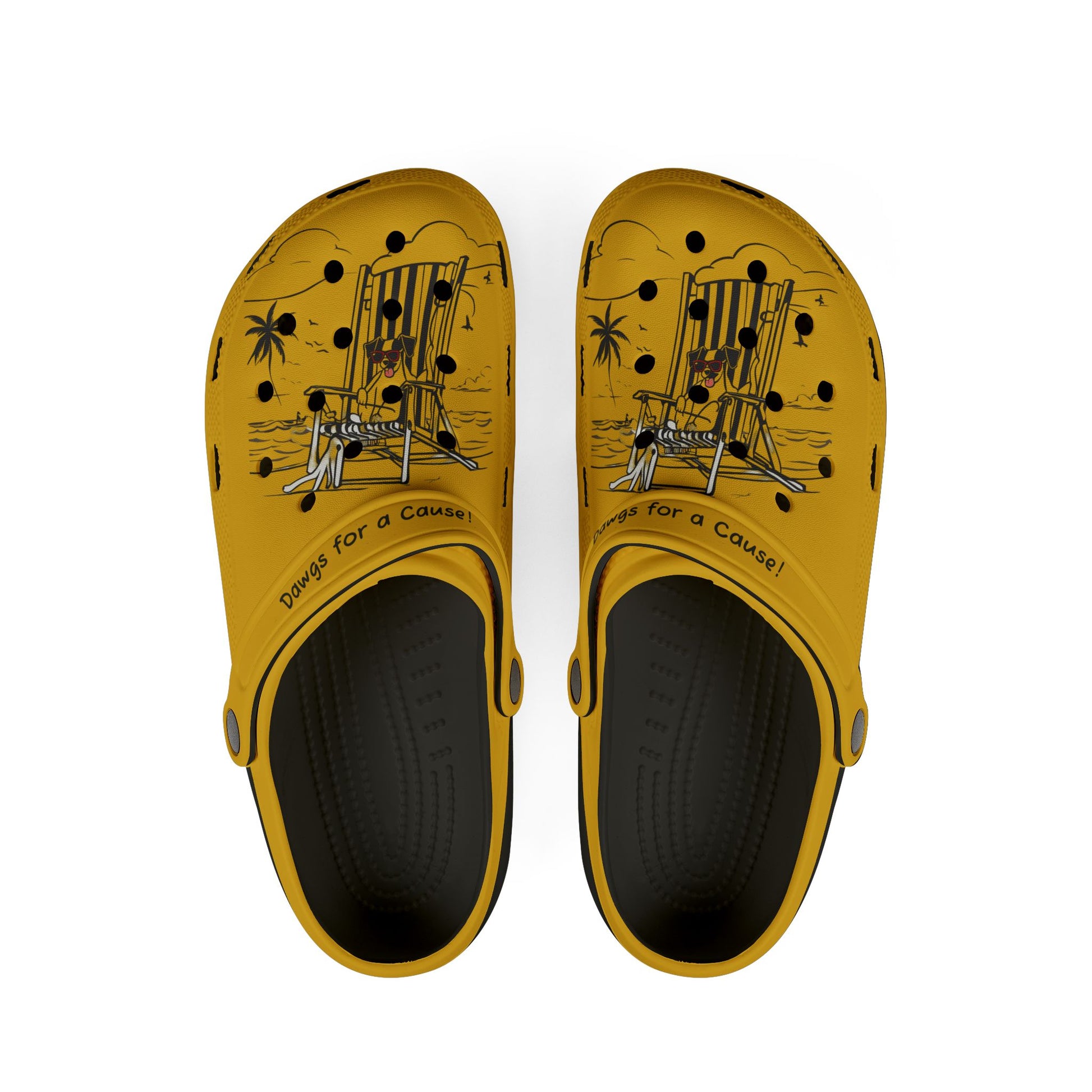 Printify yellow cute clogs for women with black beach chair and palm tree design