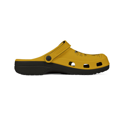 Printify yellow and black cute clogs for women with ventilation holes and adjustable strap