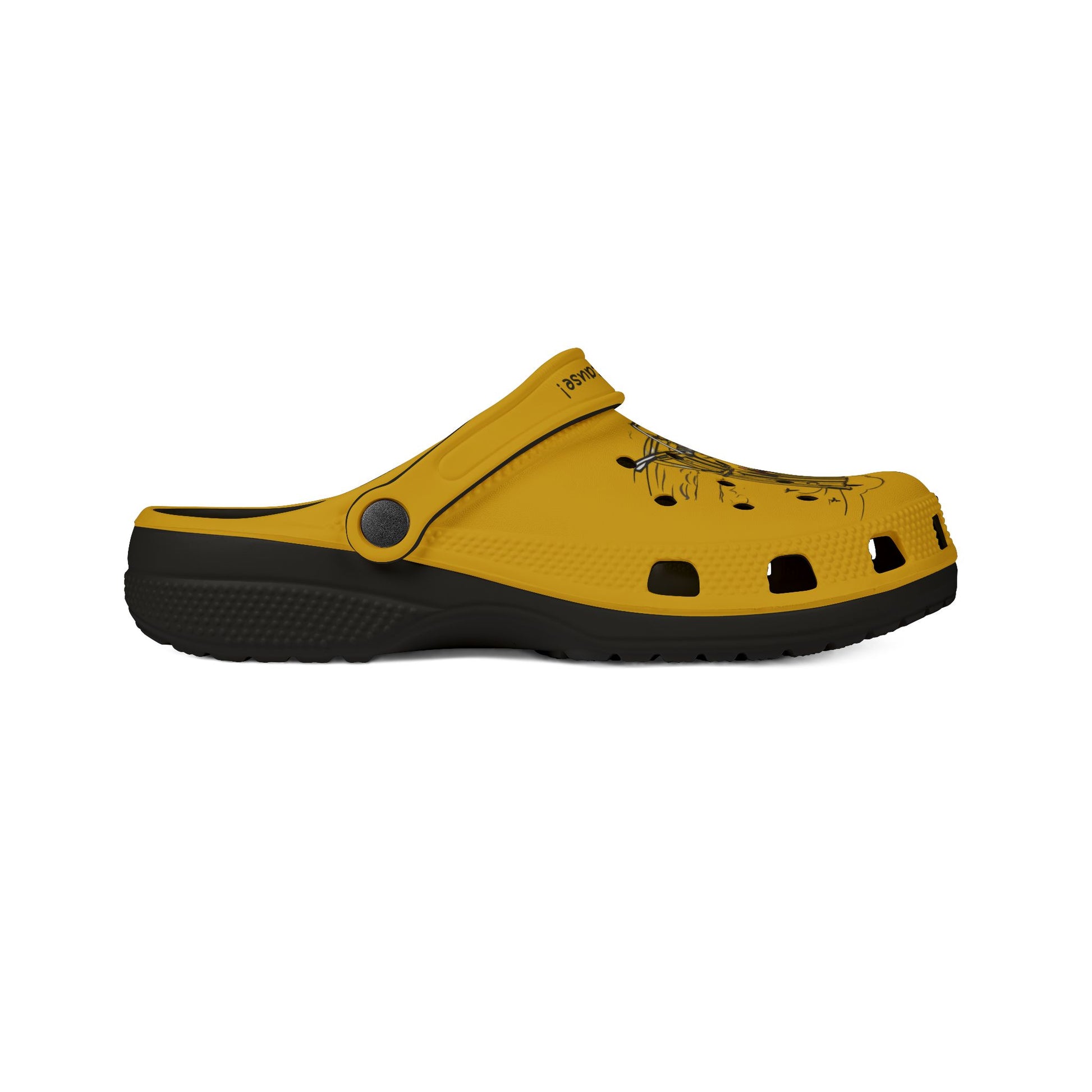 Printify yellow cute clogs for women with black sole and ventilation holes side view