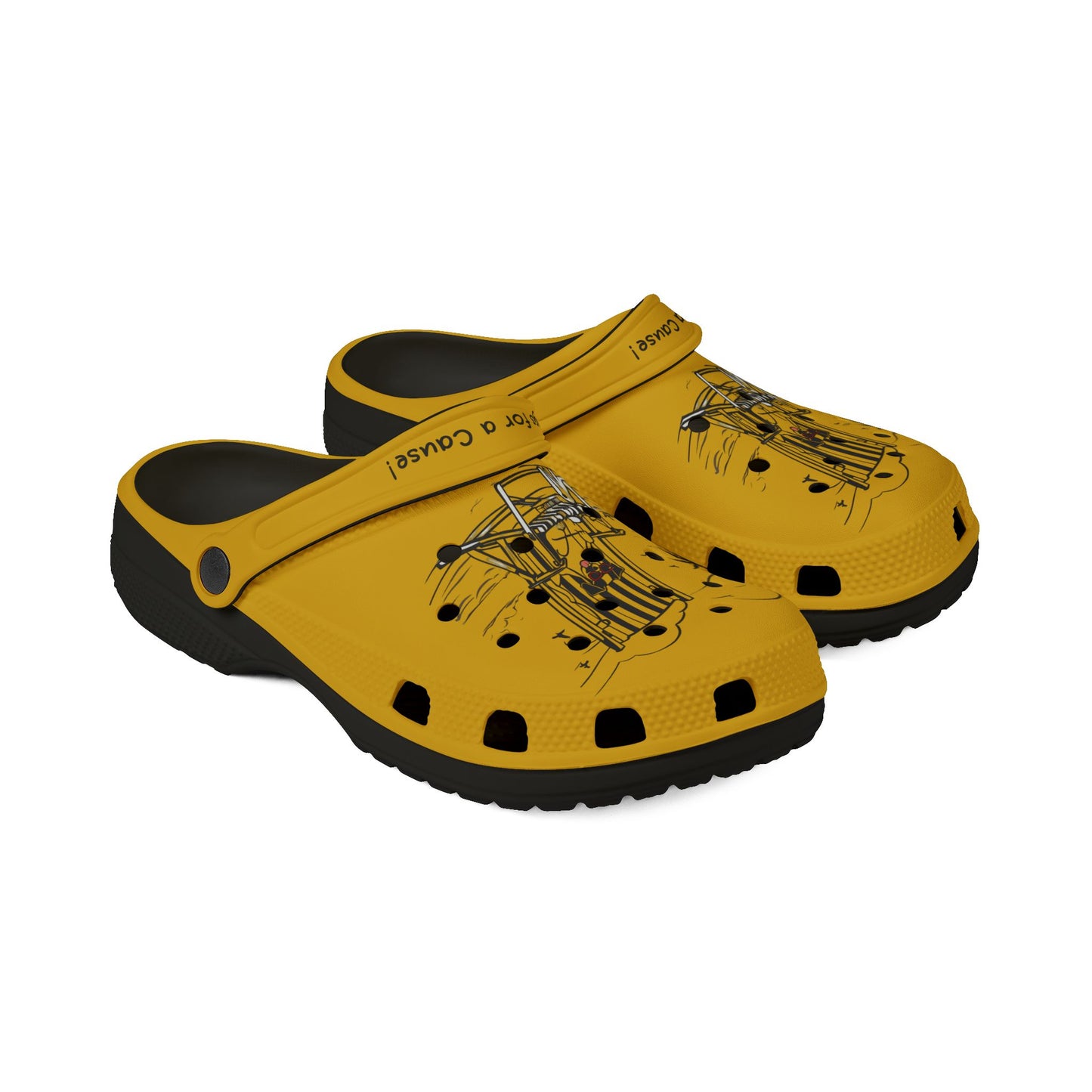 Printify yellow cute clogs for women with black soles and artistic car design