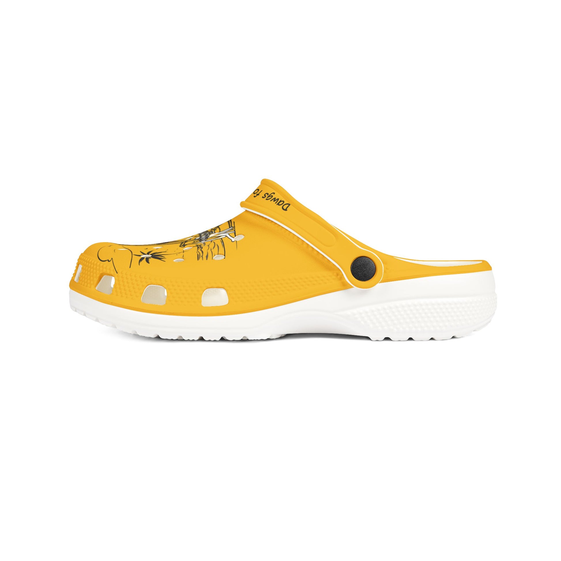 Printify yellow cute clogs for women with black design and white sole, comfortable slip-on style