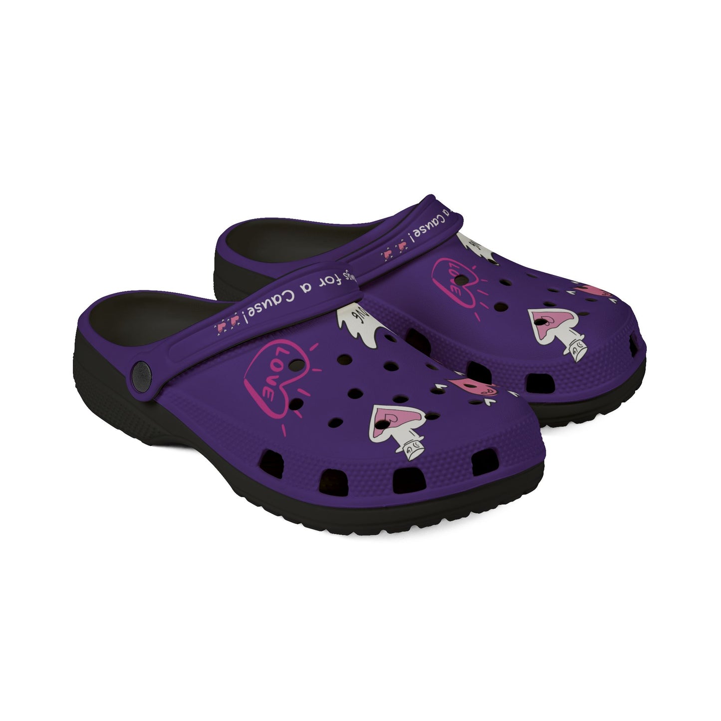 Printify purple cute clogs with heart and love designs and adjustable heel strap