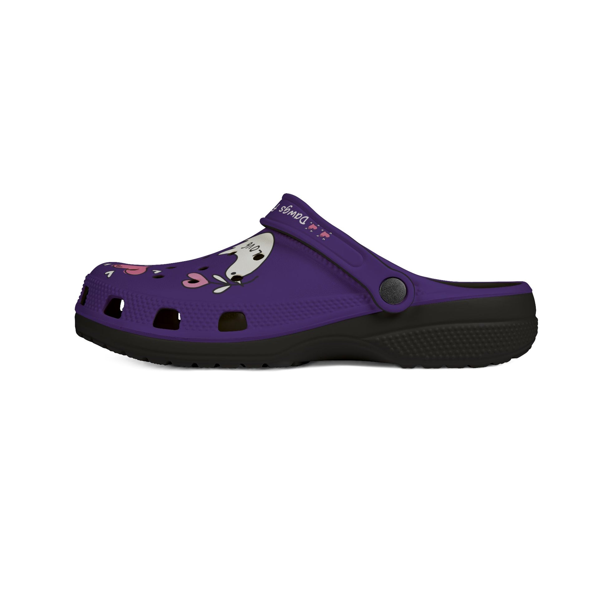 Printify purple cute clogs with black sole and playful heart and cat design