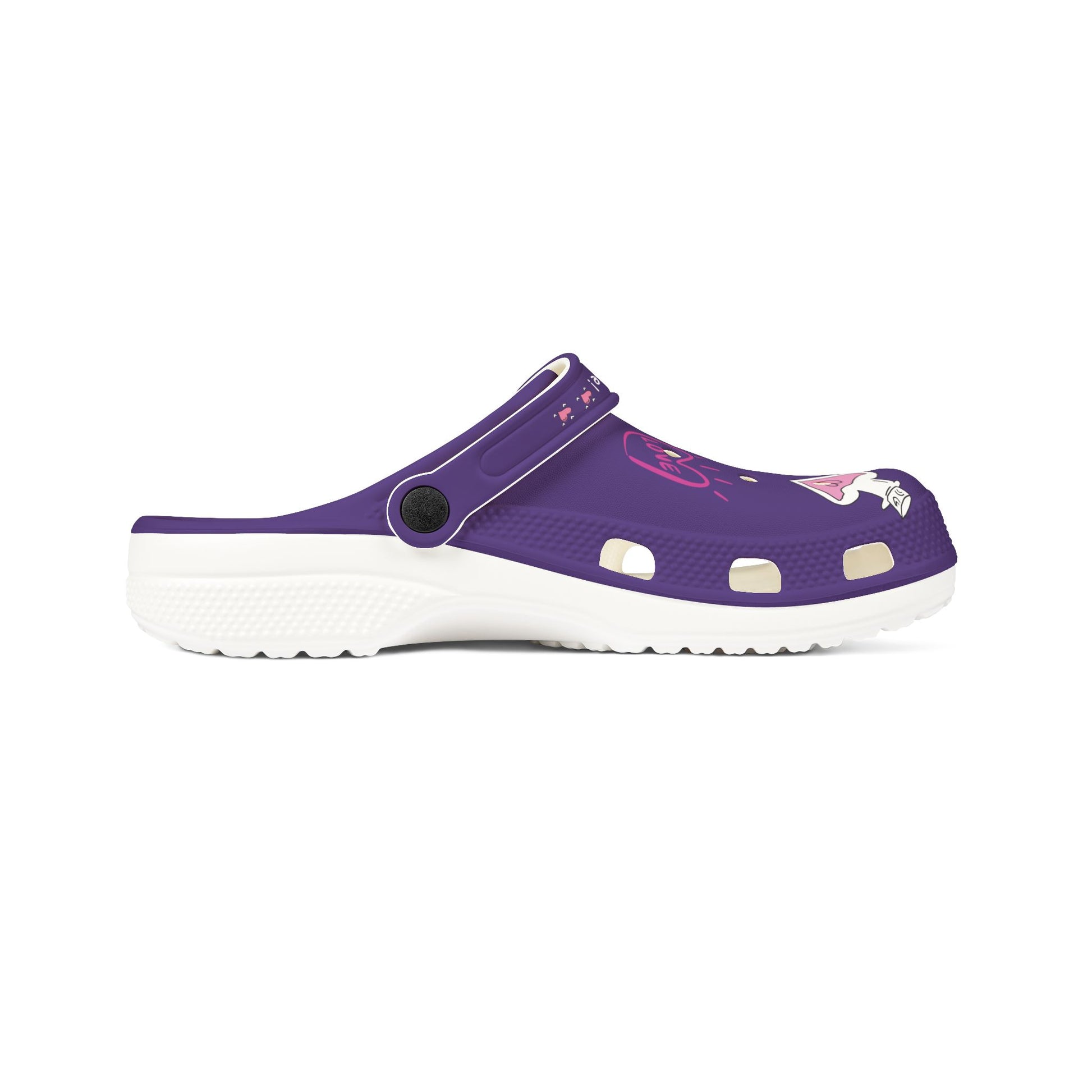 Printify purple cute clogs with white soles and playful cartoon design for casual wear