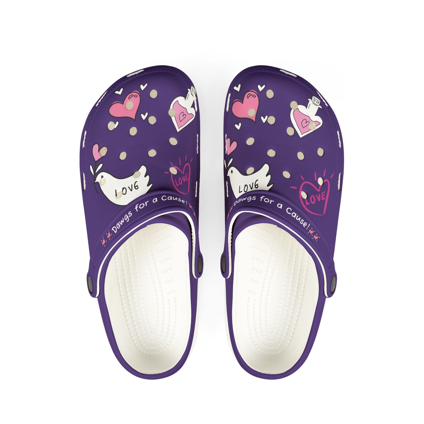 Printify purple cute clogs with love heart and potion bottle designs for casual wear