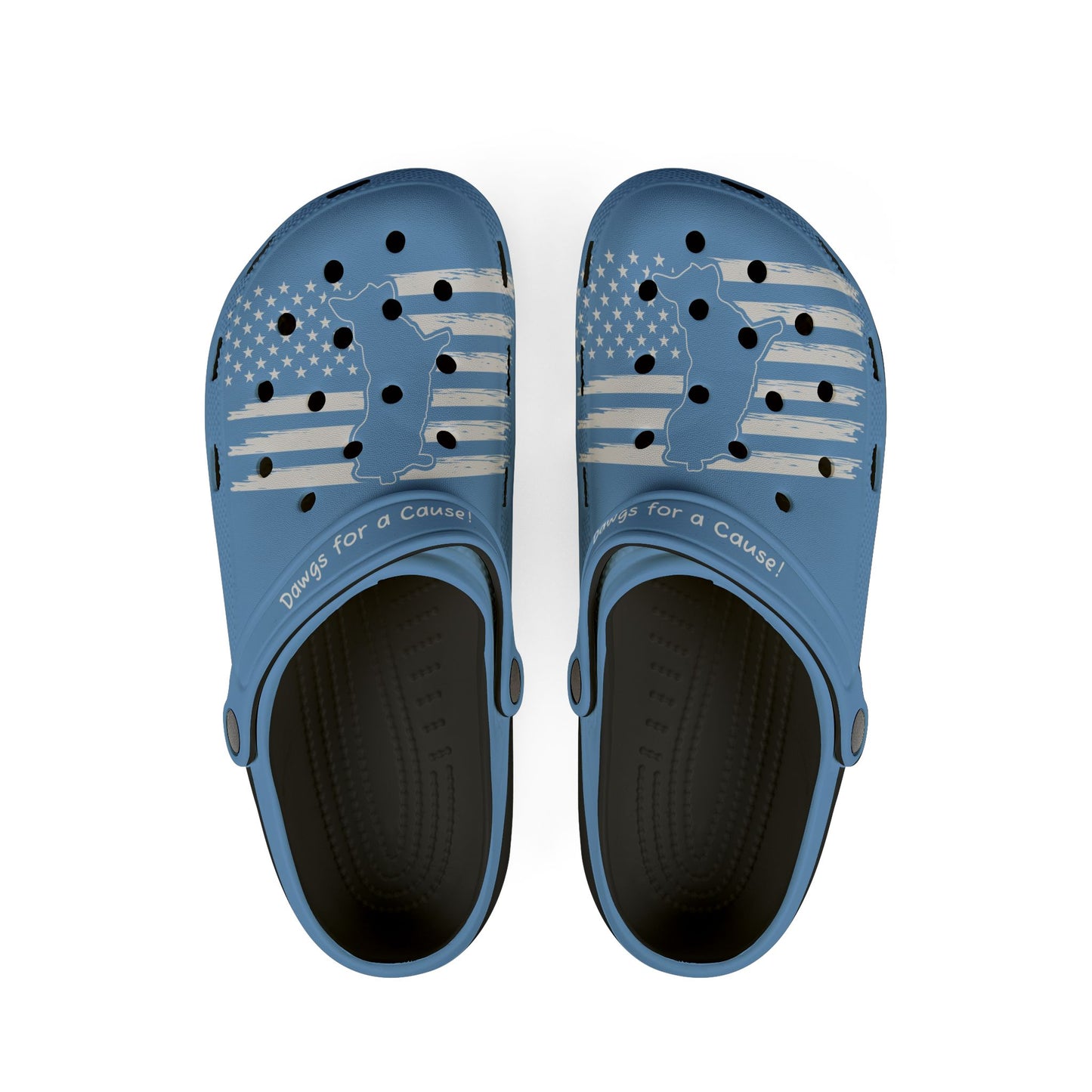 Printify cute clogs women in blue with patriotic American flag and dog design