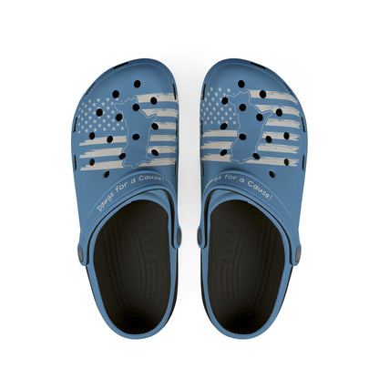Printify cute clogs women in blue with patriotic American flag and dog design