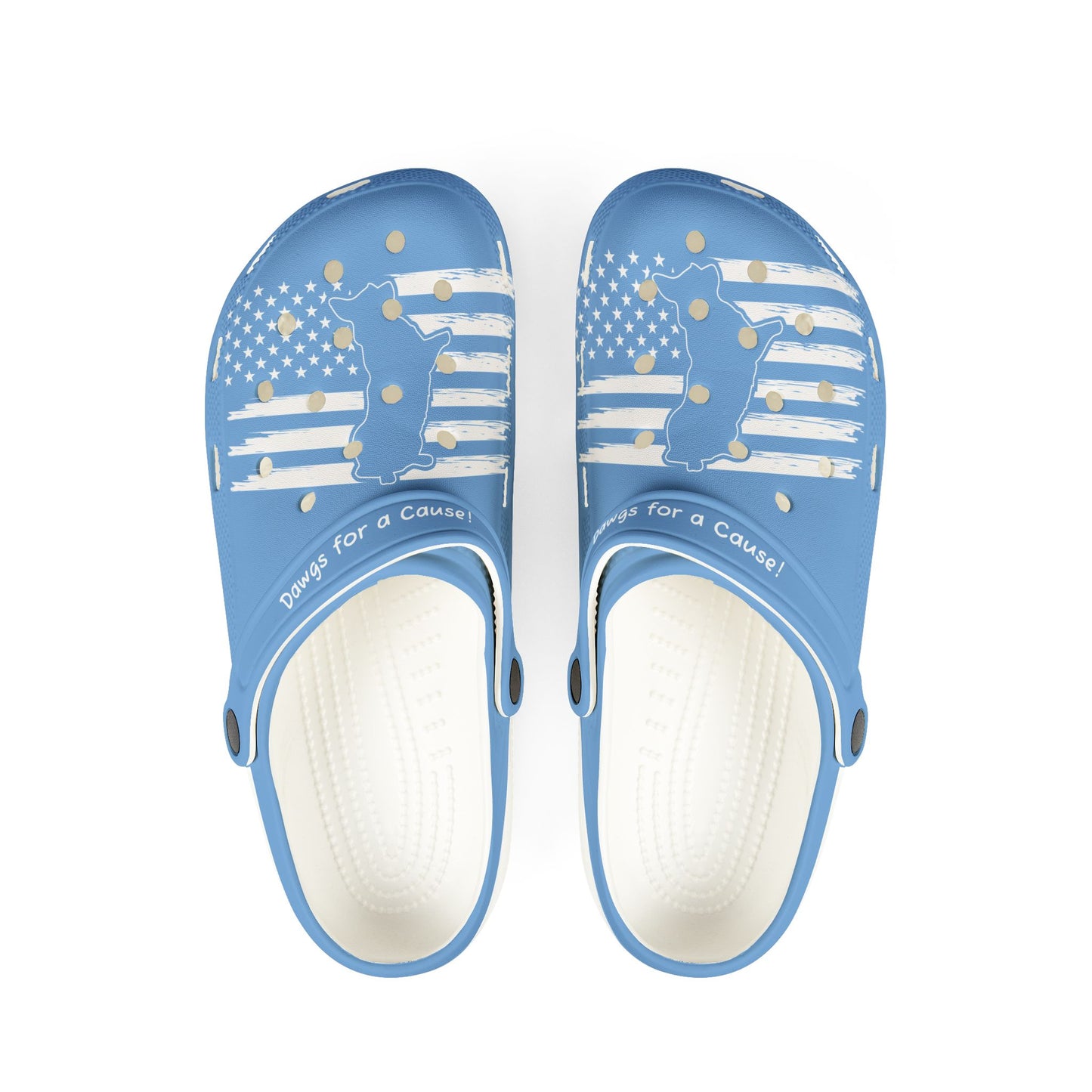 Printify blue cute clogs women with white stars and stripes design and text Dawgs for a Cause