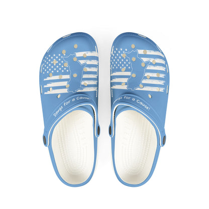 Printify blue cute clogs women with white stars and stripes design and text Dawgs for a Cause