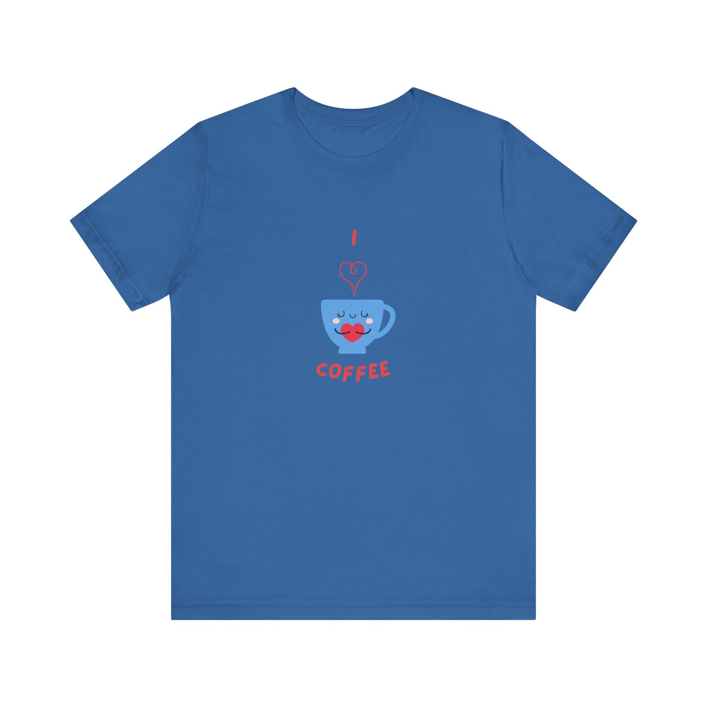 Blue Printify t-shirt featuring a cute coffee lover shirt design with a smiling coffee cup graphic