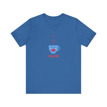 Blue Printify t-shirt featuring a cute coffee lover shirt design with a smiling coffee cup graphic