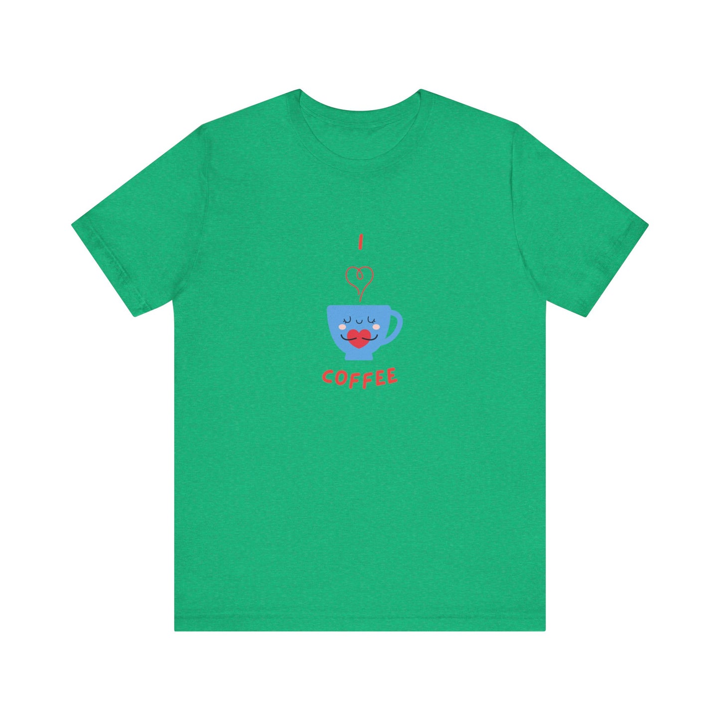 Green Printify T-shirt with cute coffee lover shirt design featuring a smiling coffee cup