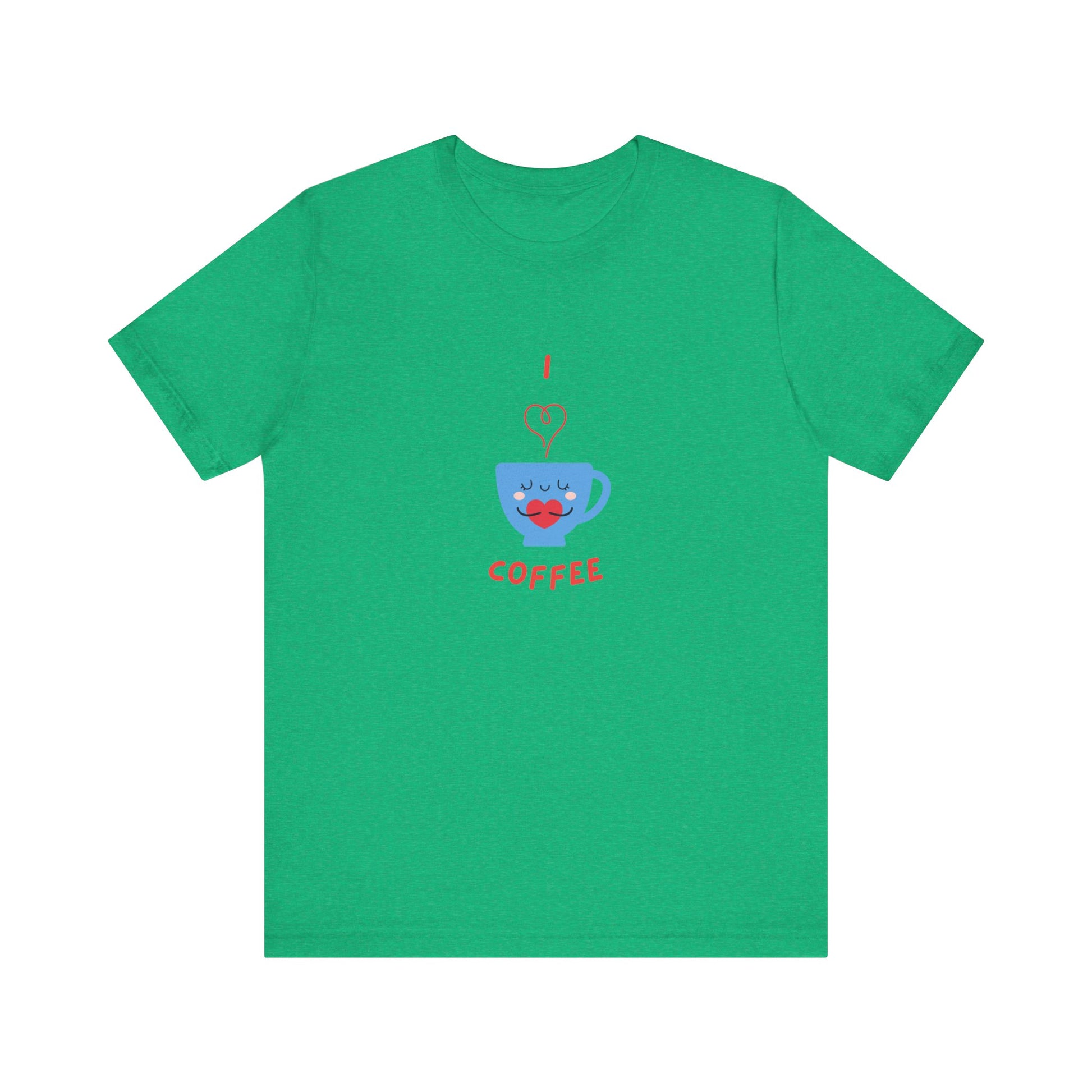 Green Printify T-shirt with cute coffee lover shirt design featuring a smiling coffee cup