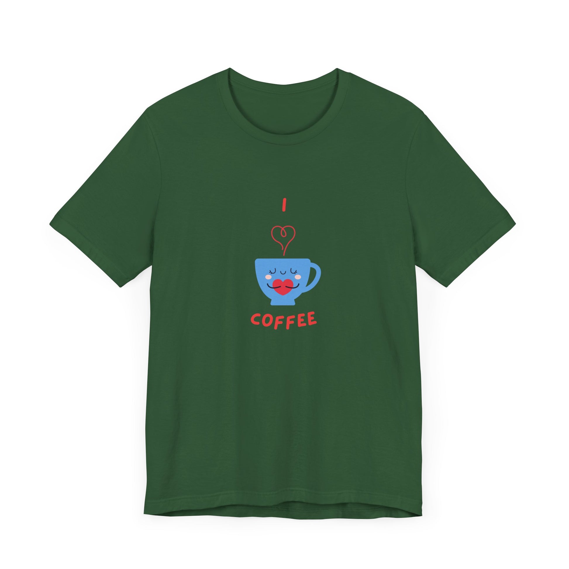 Green Printify T-Shirt with cute coffee lover shirt design featuring a smiling coffee cup and red text