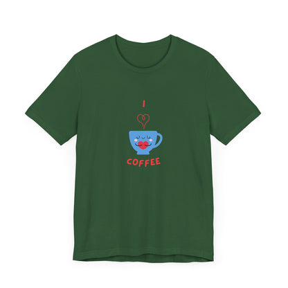 Green Printify T-Shirt with cute coffee lover shirt design featuring a smiling coffee cup and red text