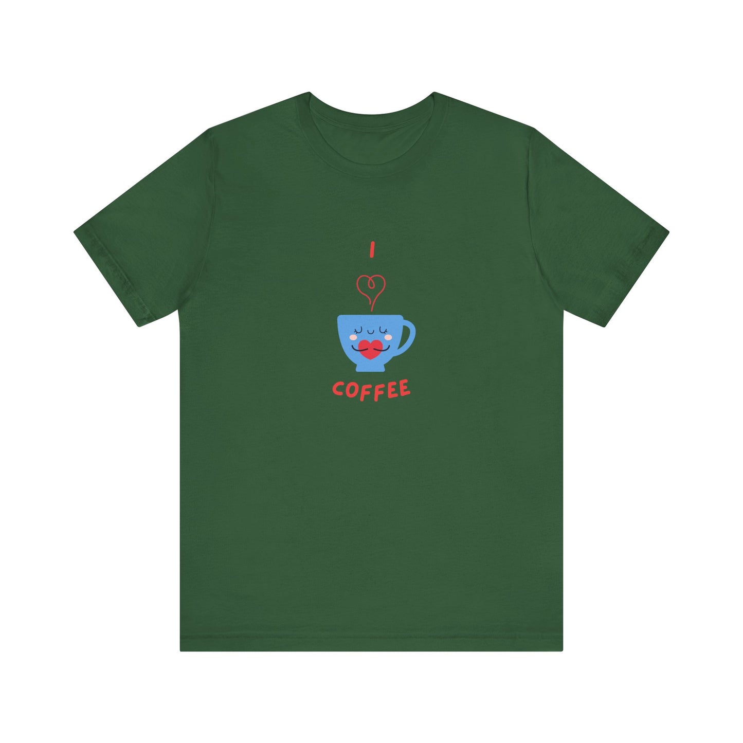 Green Printify t-shirt featuring a cute coffee lover shirt design with a smiling blue coffee cup