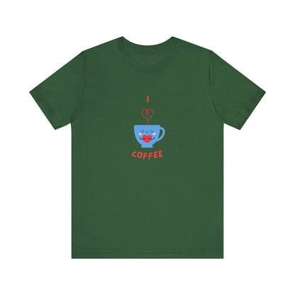 Green Printify t-shirt featuring a cute coffee lover shirt design with a smiling blue coffee cup